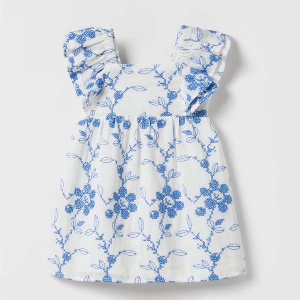 Zara white and blue summer dress with floral embroidery